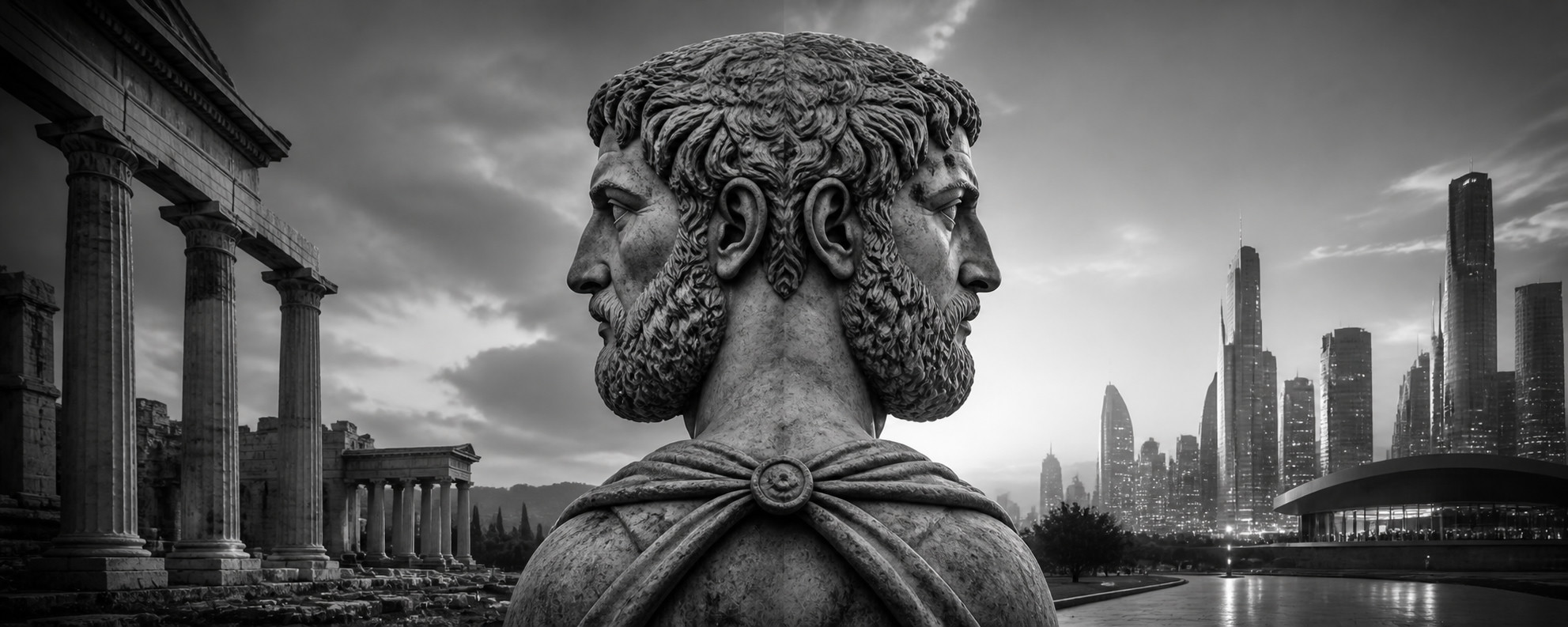Janus, Roman god of transitions, with two faces looking to the past and the future