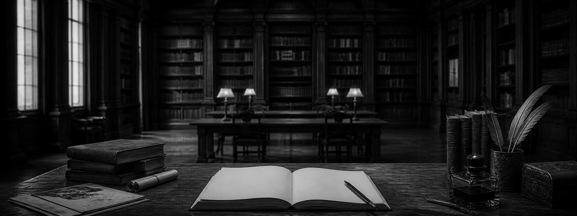 Dark library interior, representing the first steps of a long journey